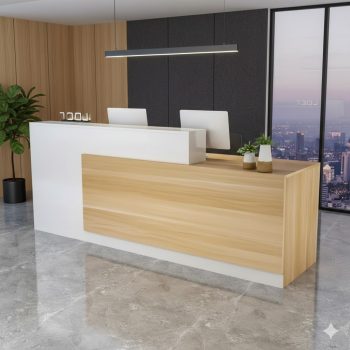 "A contemporary two-tone reception desk featuring a smooth, matte white privacy wall block intersecting with a long, light oak wood-grain front panel and matching transaction counter."