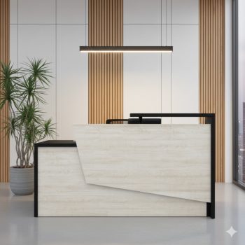"A contemporary two-tone reception desk with a light-bleached wood-grain front panel cut in an asymmetrical diagonal geometric shape, outlined by a crisp black structural frame and raised black privacy ledger."