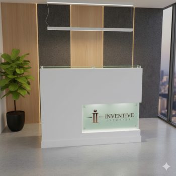 "A compact, modern matte white reception desk featuring a clear glass top transaction shelf and a recessed, illuminated frosted glass company logo panel on the bottom right."