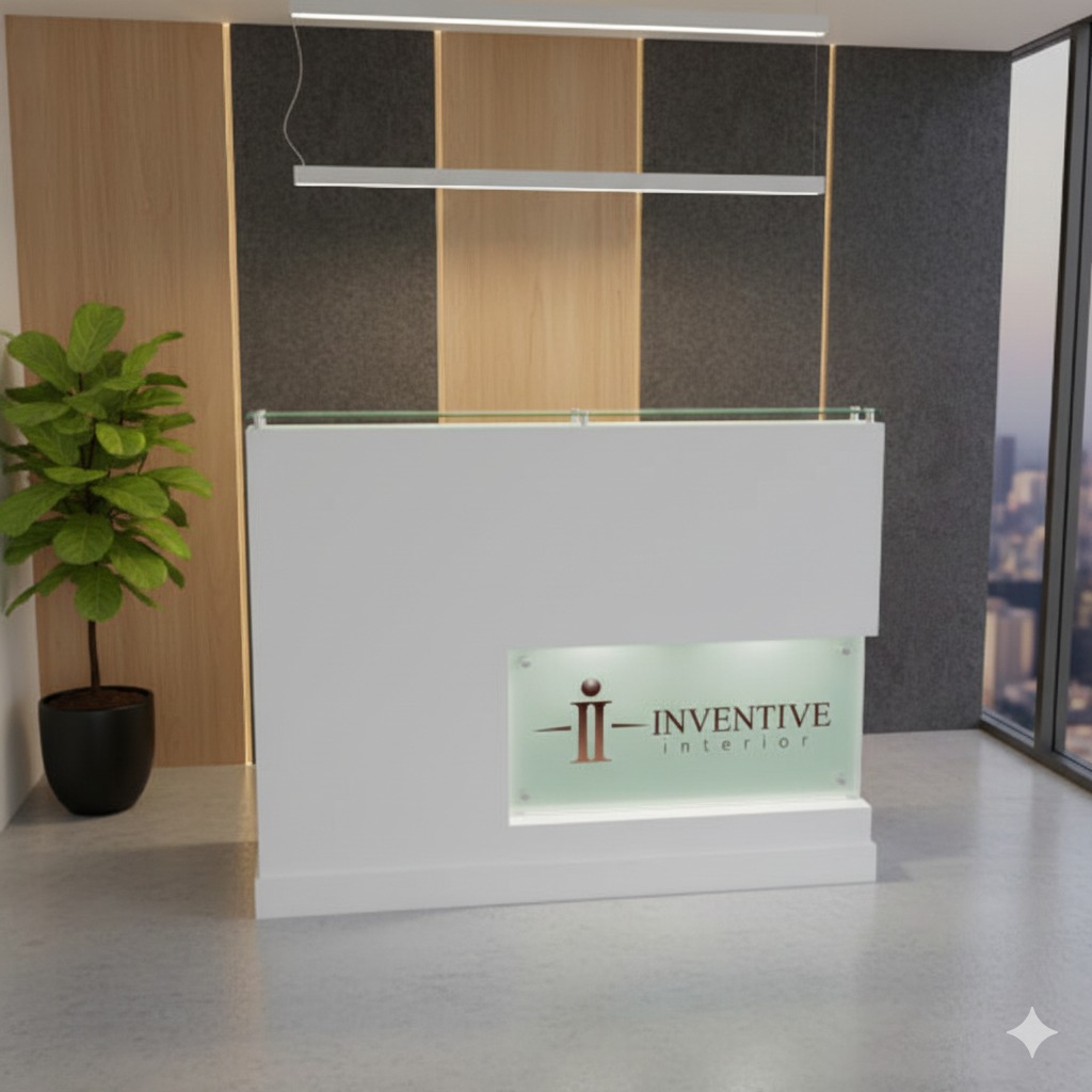 "A compact, modern matte white reception desk featuring a clear glass top transaction shelf and a recessed, illuminated frosted glass company logo panel on the bottom right."