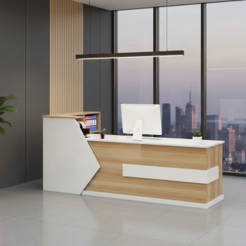 "A modern two-tone reception desk featuring a warm light-wood grain front with white geometric accents, a raised white side counter with a chevron-shaped join, and a solid white transaction top."