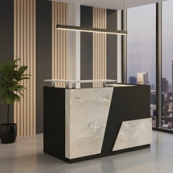 "A contemporary two-tone reception desk featuring a matte black body inlaid with asymmetrical, diagonally cut light-beige marble panels and an elevated marble transaction counter."