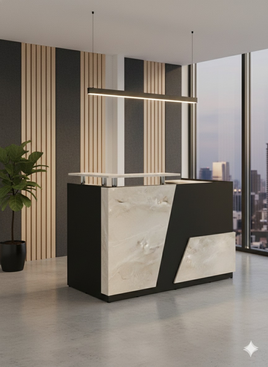 "A contemporary two-tone reception desk featuring a matte black body inlaid with asymmetrical, diagonally cut light-beige marble panels and an elevated marble transaction counter."