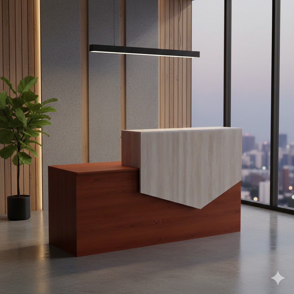 "A contemporary dual-tone reception desk featuring a dark mahogany wood-grain base block with a light ash-wood privacy screen that terminates in a sharp V-shaped geometric point."