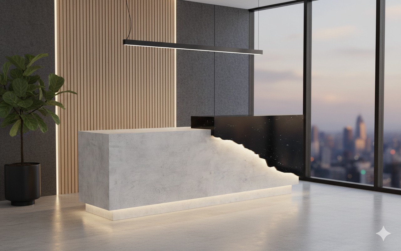 "A contemporary two-tone reception desk combining a smooth grey concrete-look block with a black marble section, separated by a dramatic, jagged fault-line crack embedded with warm LED under-lighting."