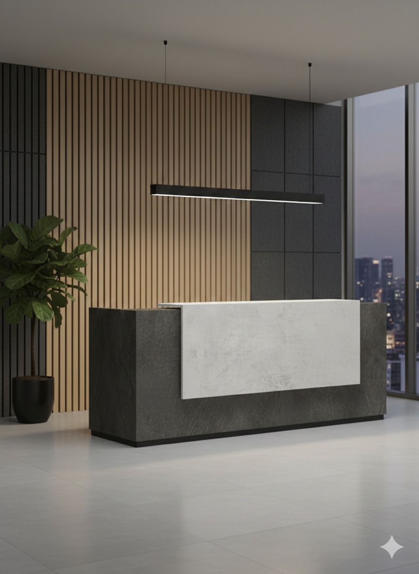 A contemporary linear reception desk featuring a dark charcoal slate-textured body with a central, overlapping light gray concrete-finish privacy panel and a narrow white transaction top.