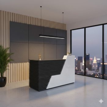 A contemporary L-shaped reception desk featuring a dark-stained slatted wood front that transitions via a jagged, geometric diagonal seam into a solid white textured stone-finish block.