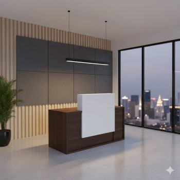 A modern linear reception desk featuring a dark walnut wood-grain body layered with a central, overlapping white rectangular privacy panel and an integrated raised transaction top.