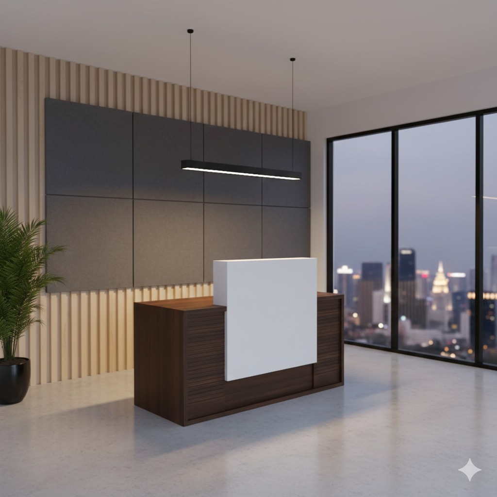 A modern linear reception desk featuring a dark walnut wood-grain body layered with a central, overlapping white rectangular privacy panel and an integrated raised transaction top.