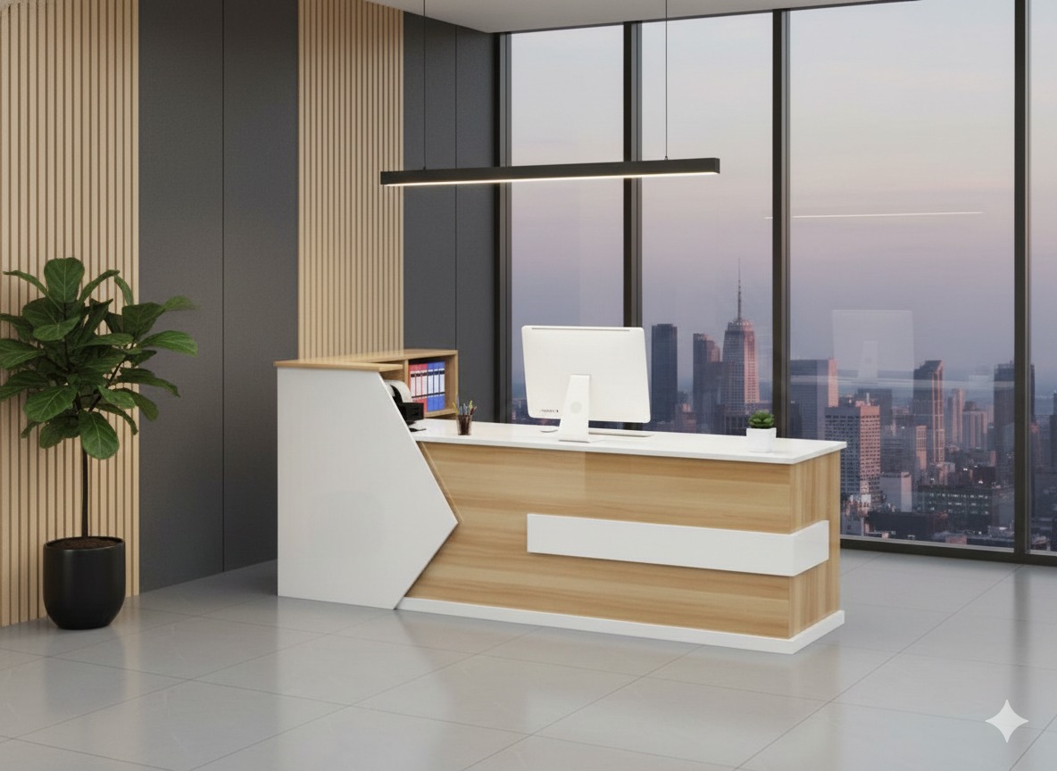 "A modern two-tone reception desk featuring a warm light-wood grain front with white geometric accents, a raised white side counter with a chevron-shaped join, and a solid white transaction top."