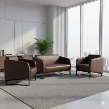A modern three-piece brown leather sofa set consisting of a two-seater loveseat and two matching armchairs featuring subtle vertical stitching on the outer sides and low-profile black metal sled bases.