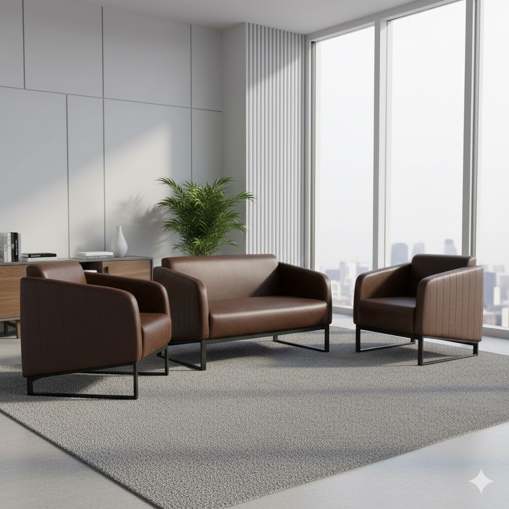 A modern three-piece brown leather sofa set consisting of a two-seater loveseat and two matching armchairs featuring subtle vertical stitching on the outer sides and low-profile black metal sled bases.