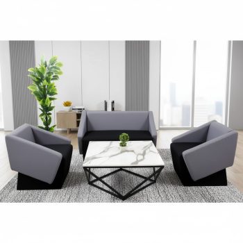 "A modern three-piece dual-tone lounge suite featuring a two-seater sofa and two matching armchairs with gray outer frames and black cushioned seats on solid black geometric bases."