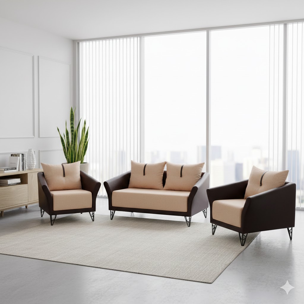 A modern three-piece sofa set featuring a two-seater loveseat and two matching armchairs, designed with dark chocolate brown frames, tan upholstered cushions, and thin black hairpin-style metal legs.